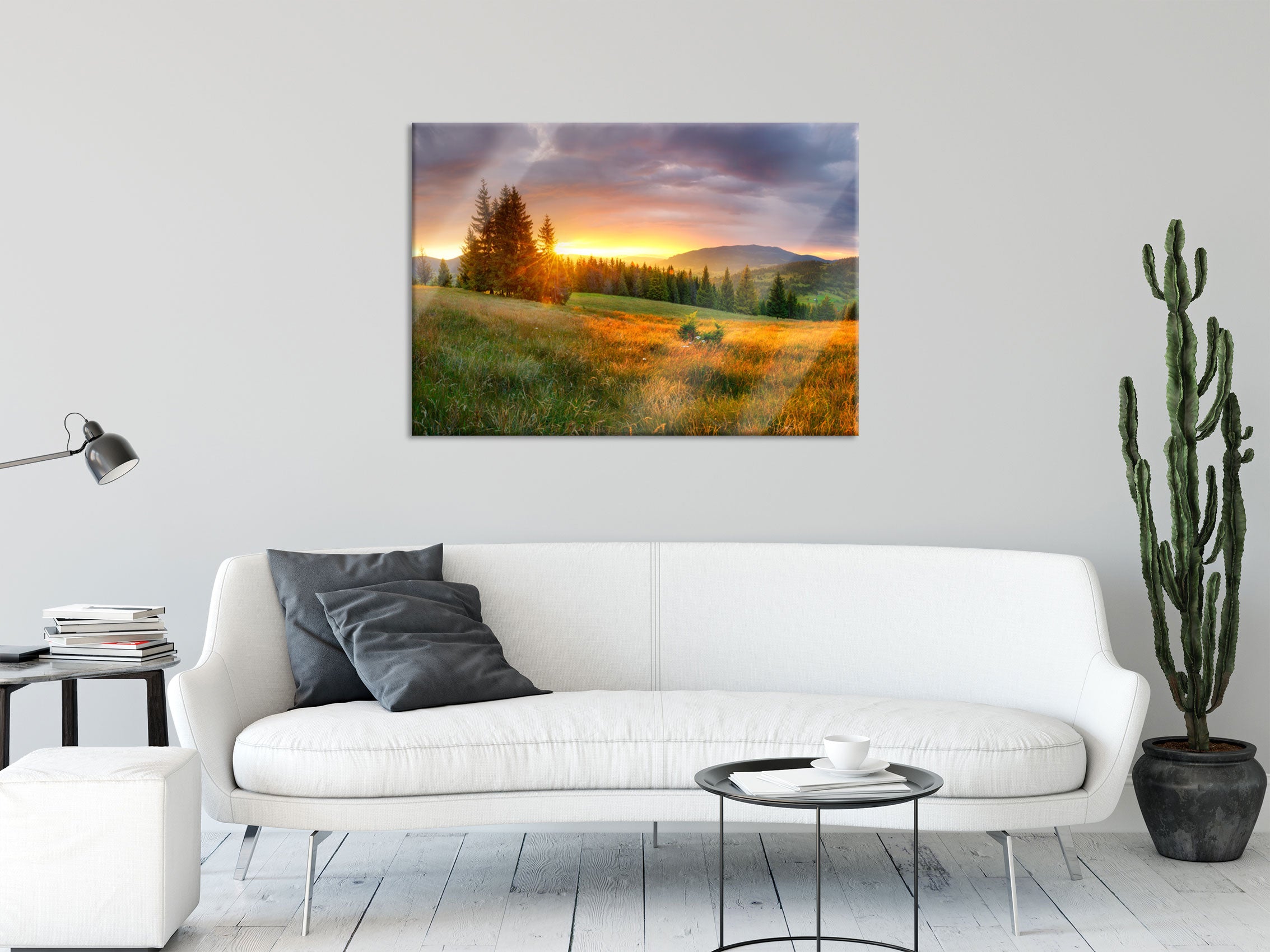 Wiesenlandschaft bei Sonnenuntergang, Glasbild