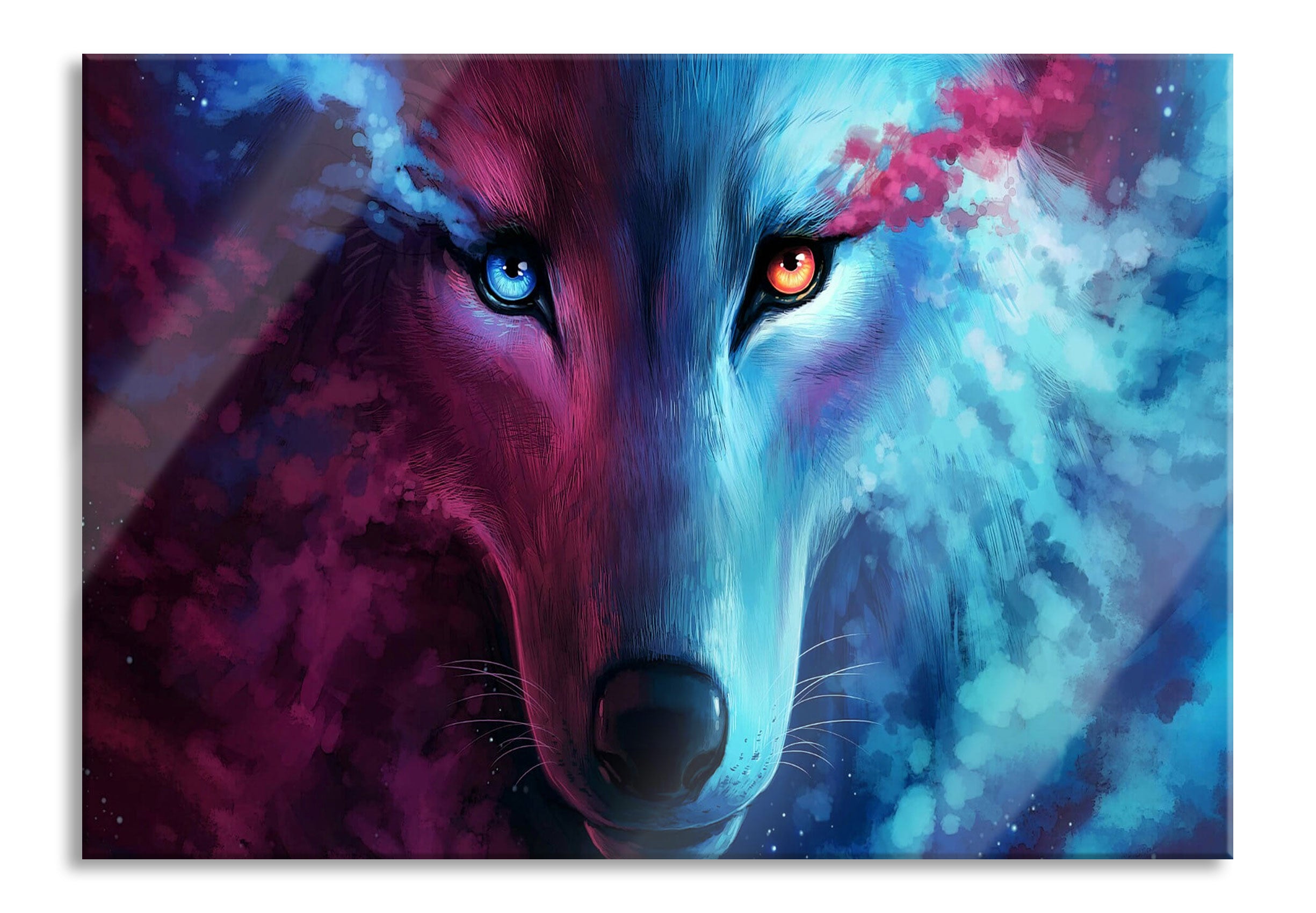 Abstrakter Wolf mit rauchenden Augen, Glasbild