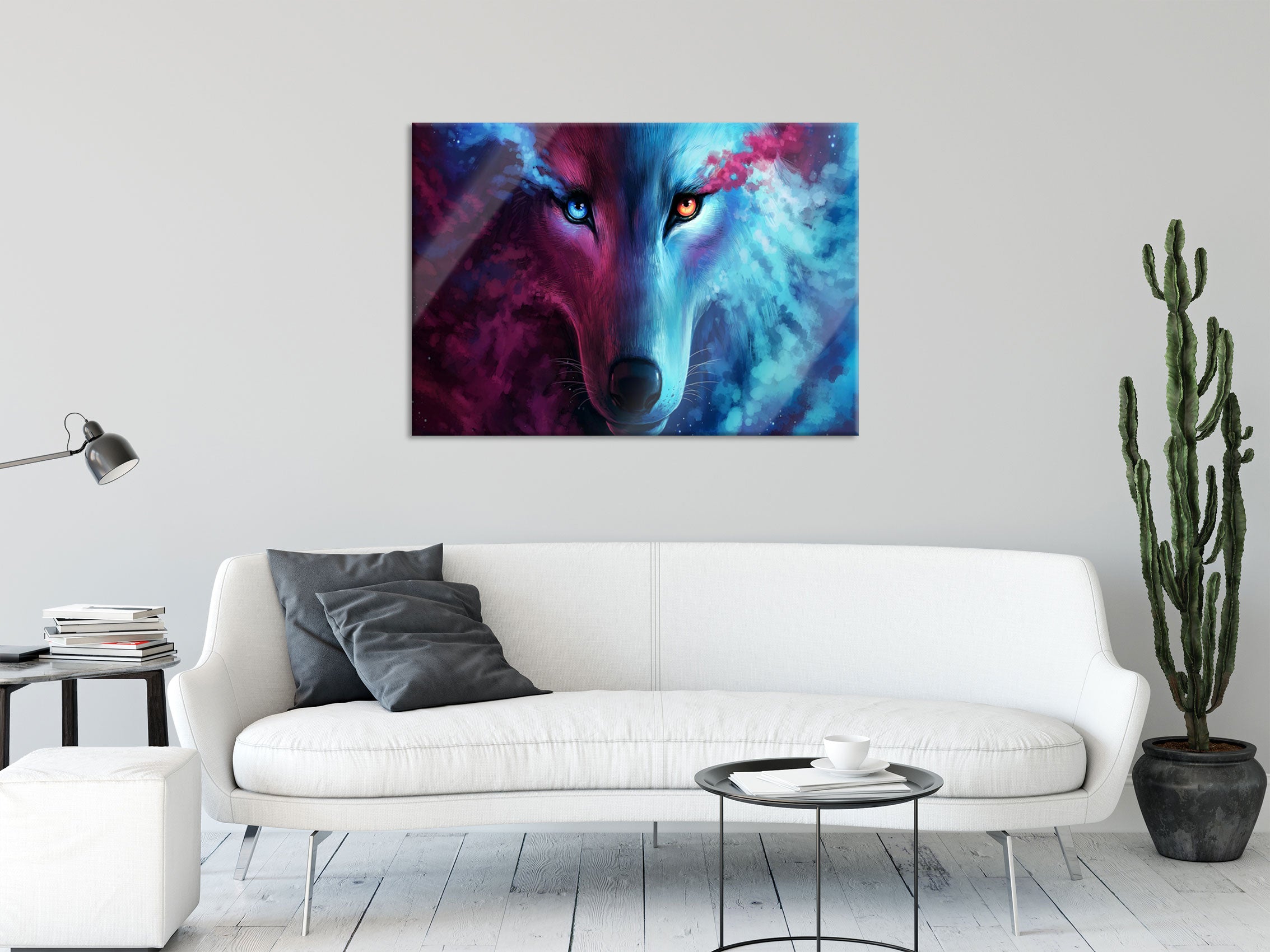 Abstrakter Wolf mit rauchenden Augen, Glasbild