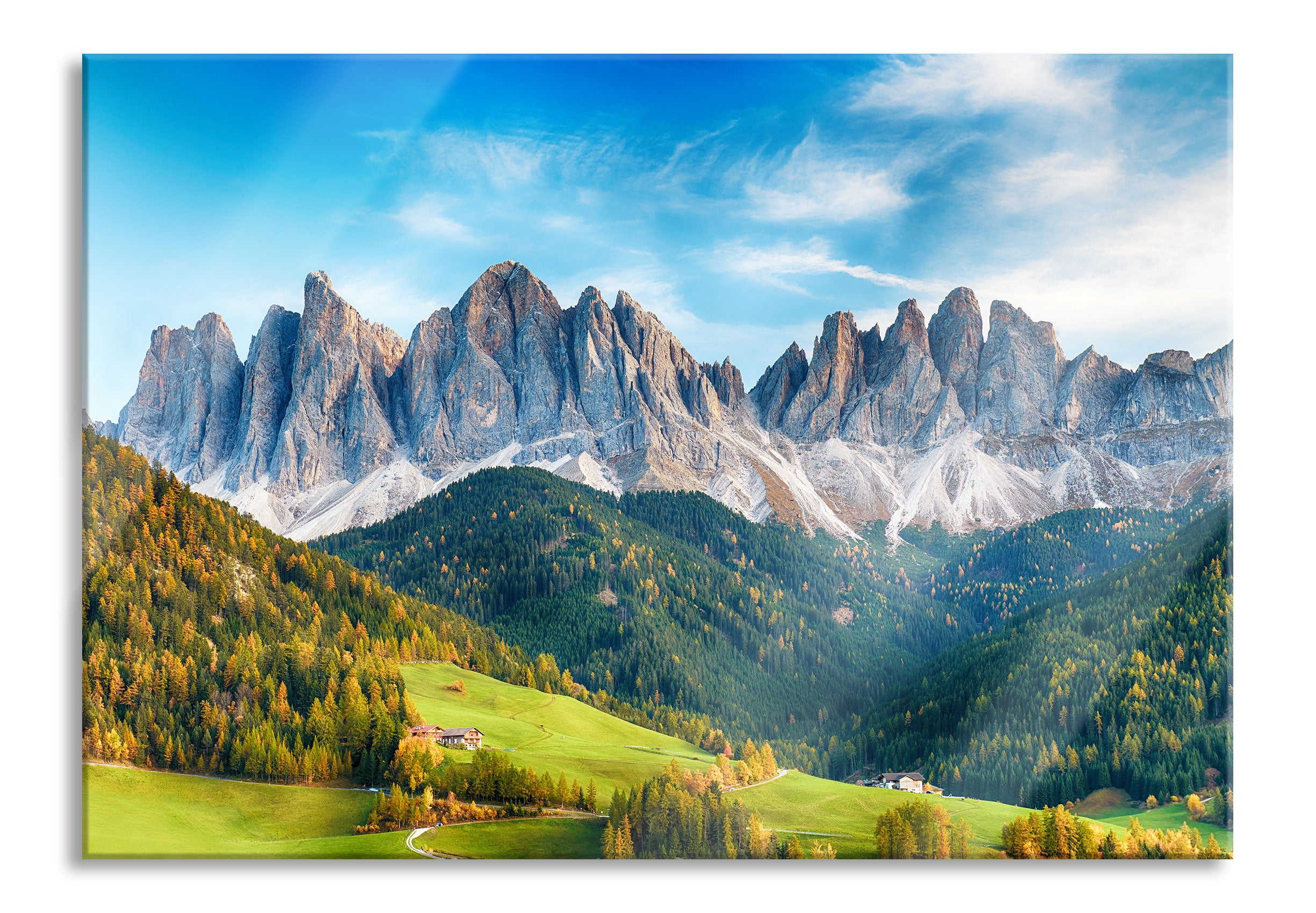 Bunte Waldlandschaft vor den Dolomiten, Glasbild