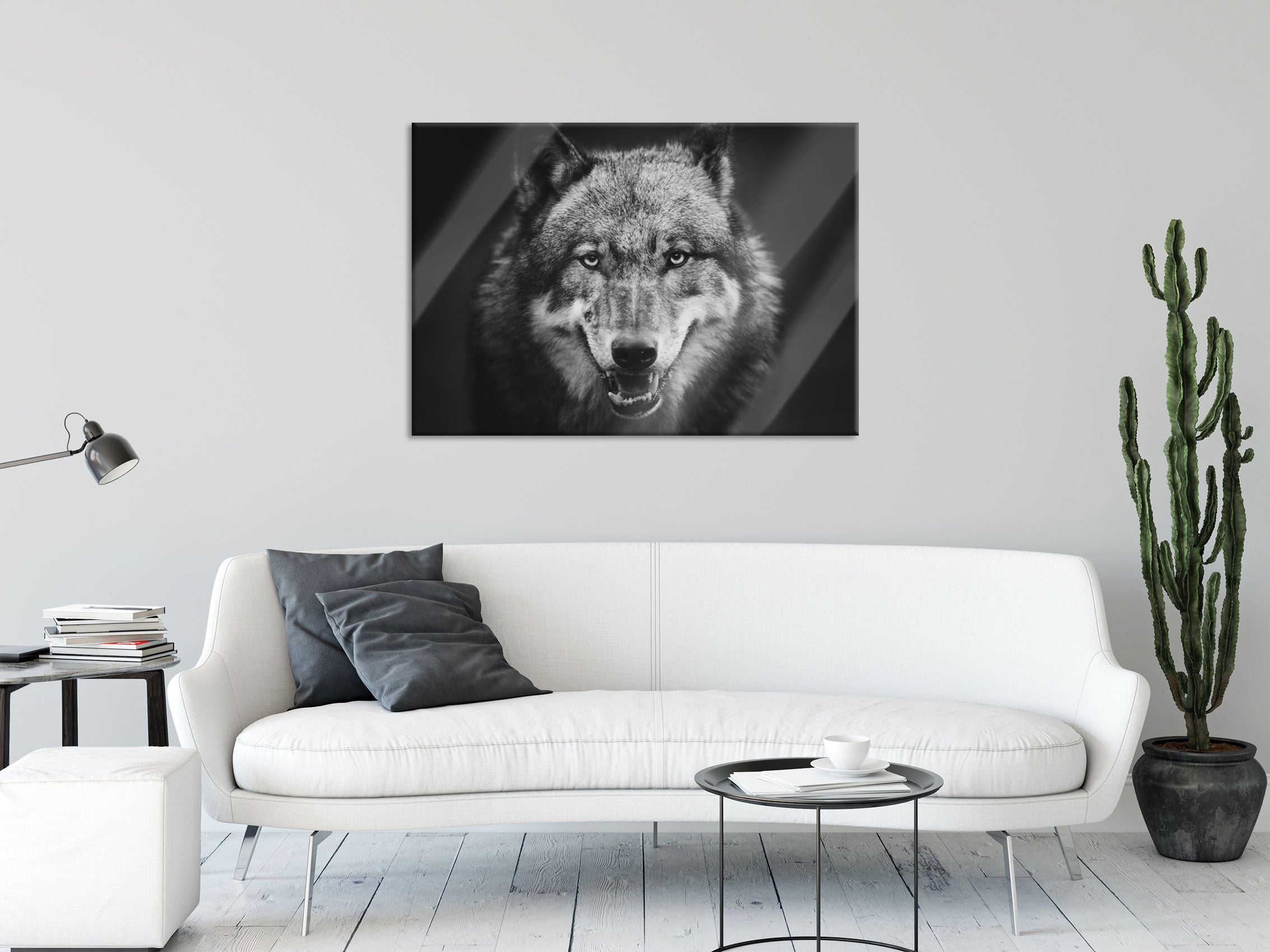 Nahaufnahme Wolf mit offener Schnauze, Glasbild