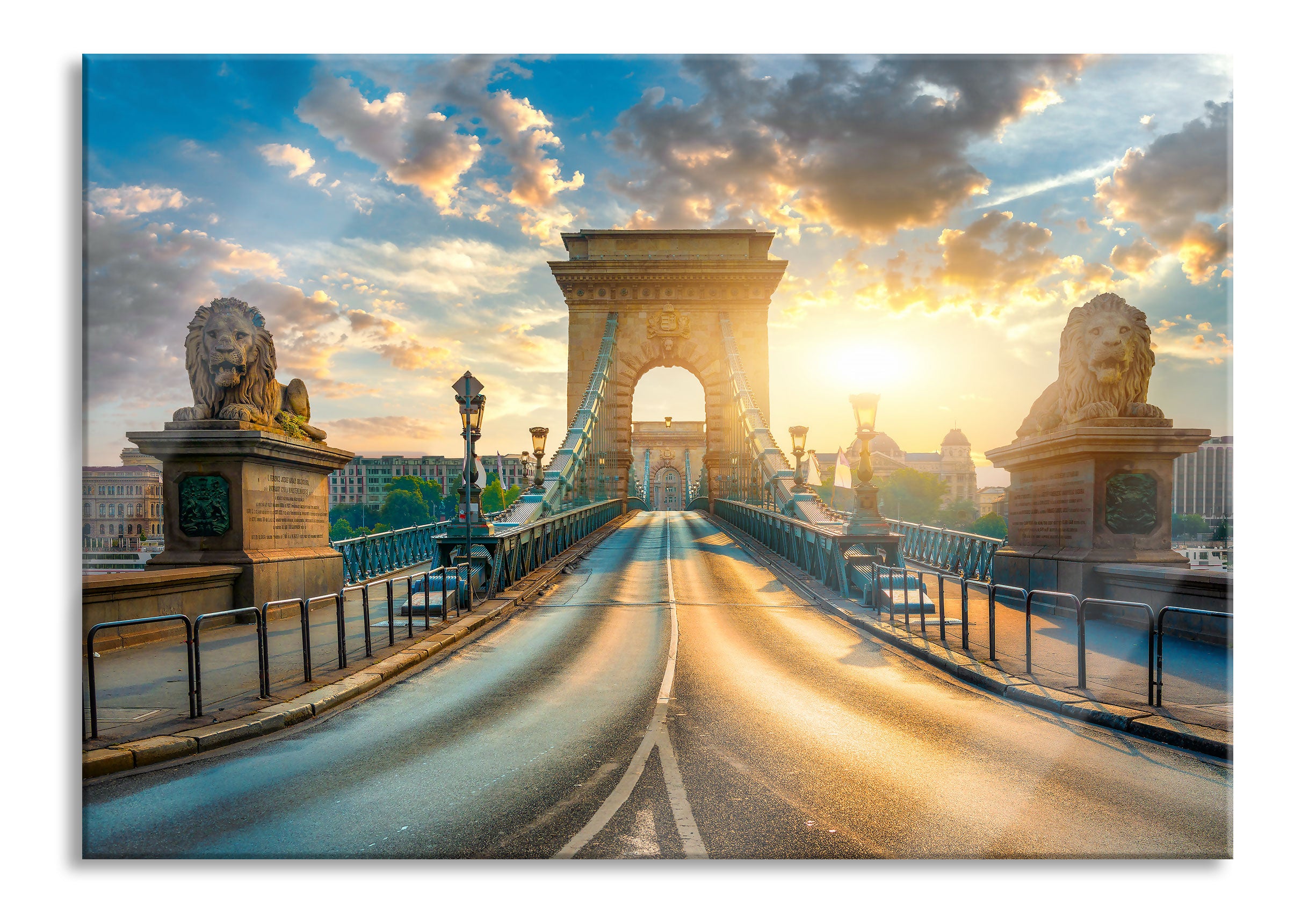 Brücke in Budapest bei Sonnenuntergang, Glasbild