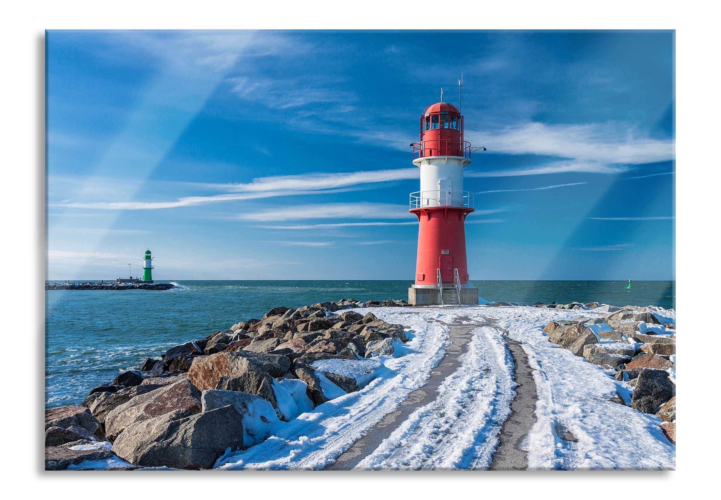 Molentürme in Warnemünde im Winter, Glasbild