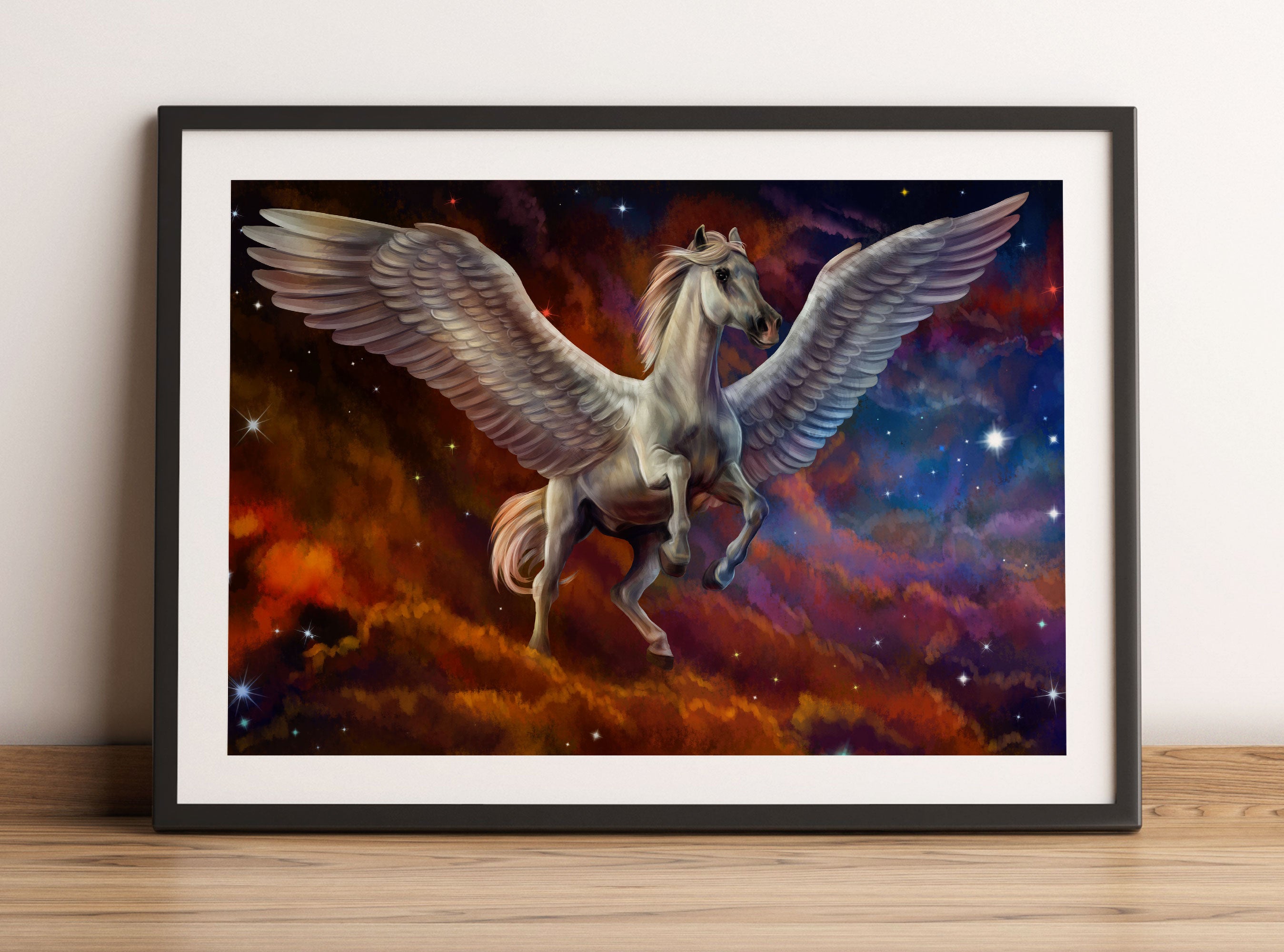 Weißer Pegasus mit Engelsflügel, Gerahmtes Bild