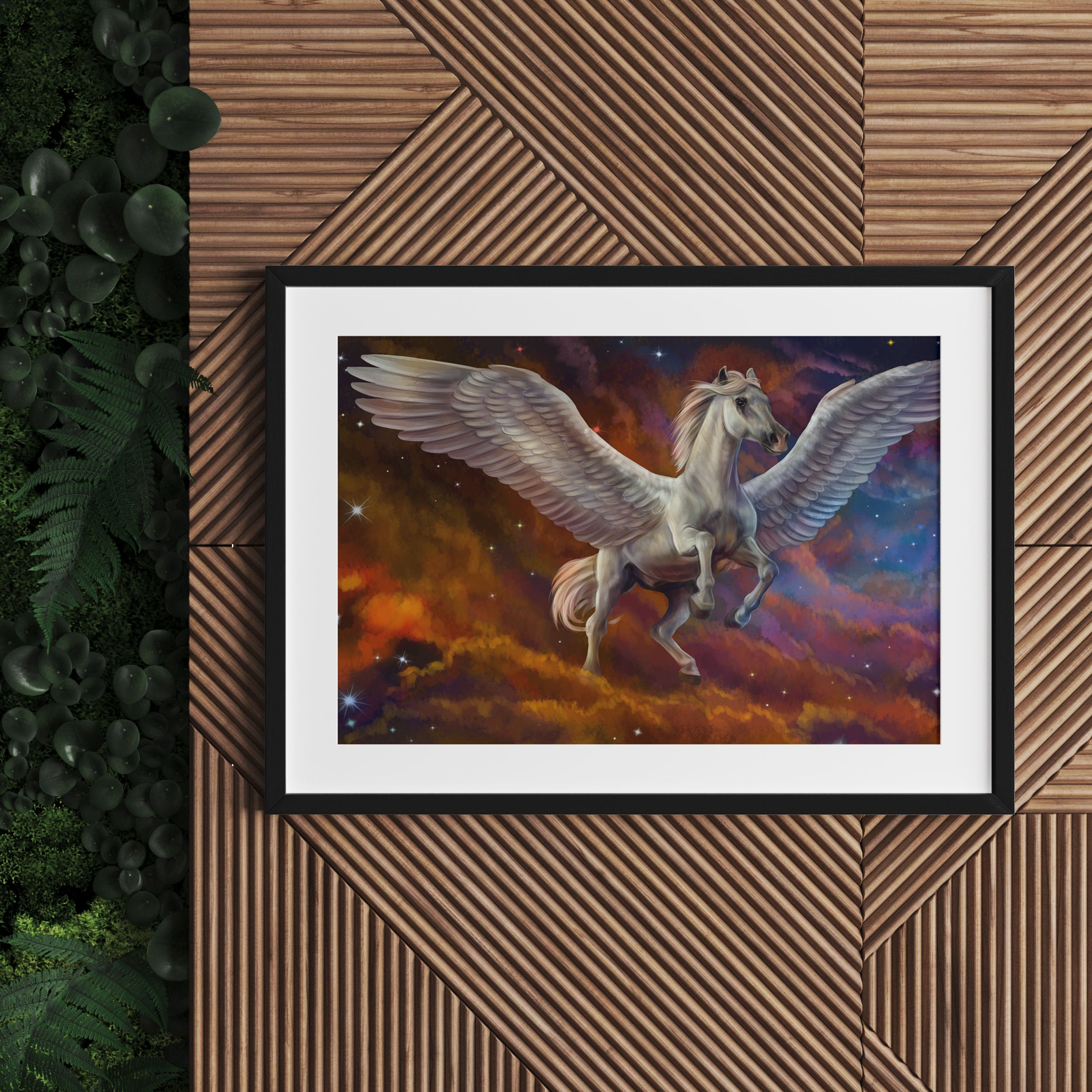 Weißer Pegasus mit Engelsflügel, Gerahmtes Bild