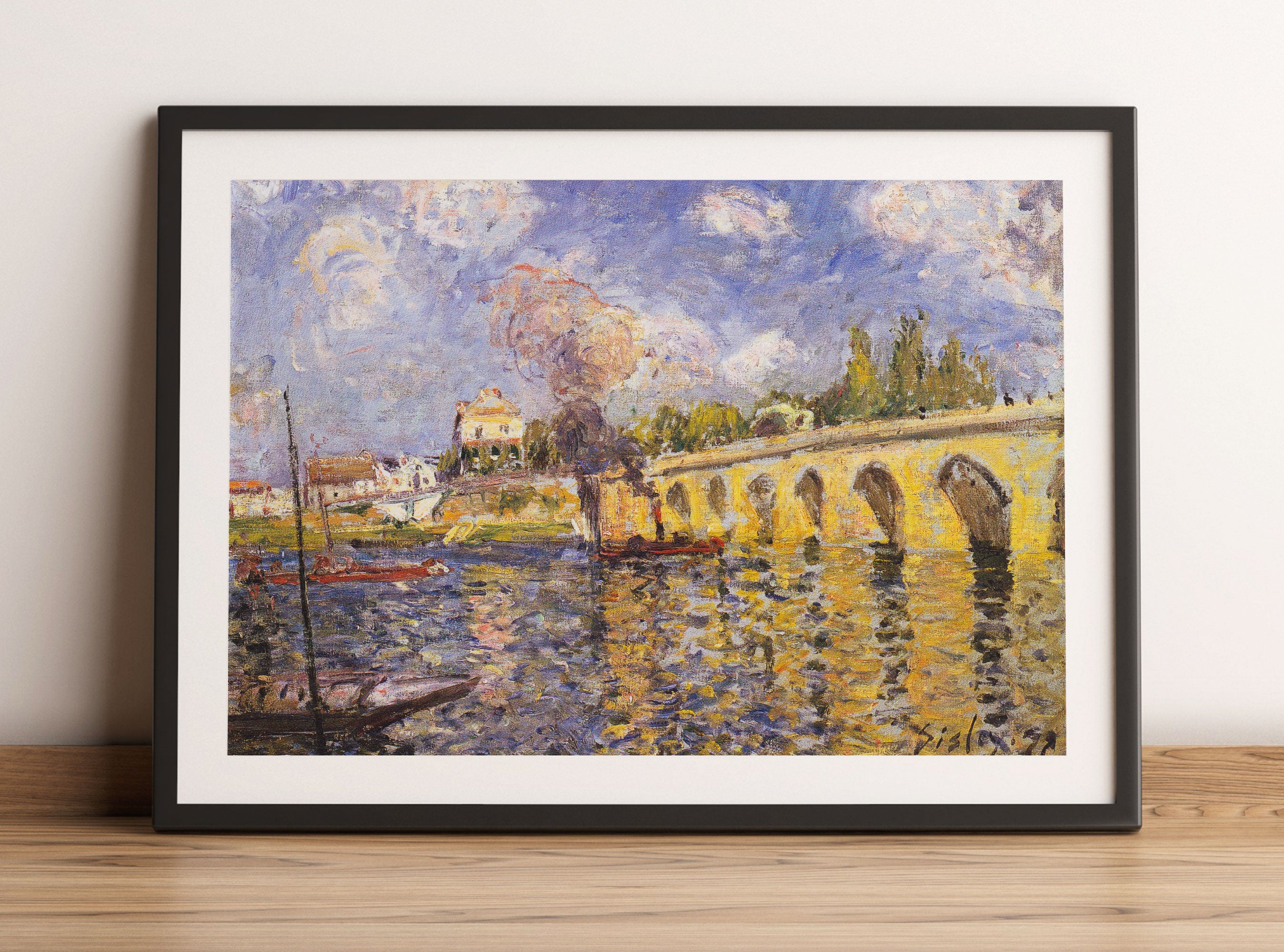 Alfred Sisley - River Steamboat and Bridge , Gerahmtes Bild