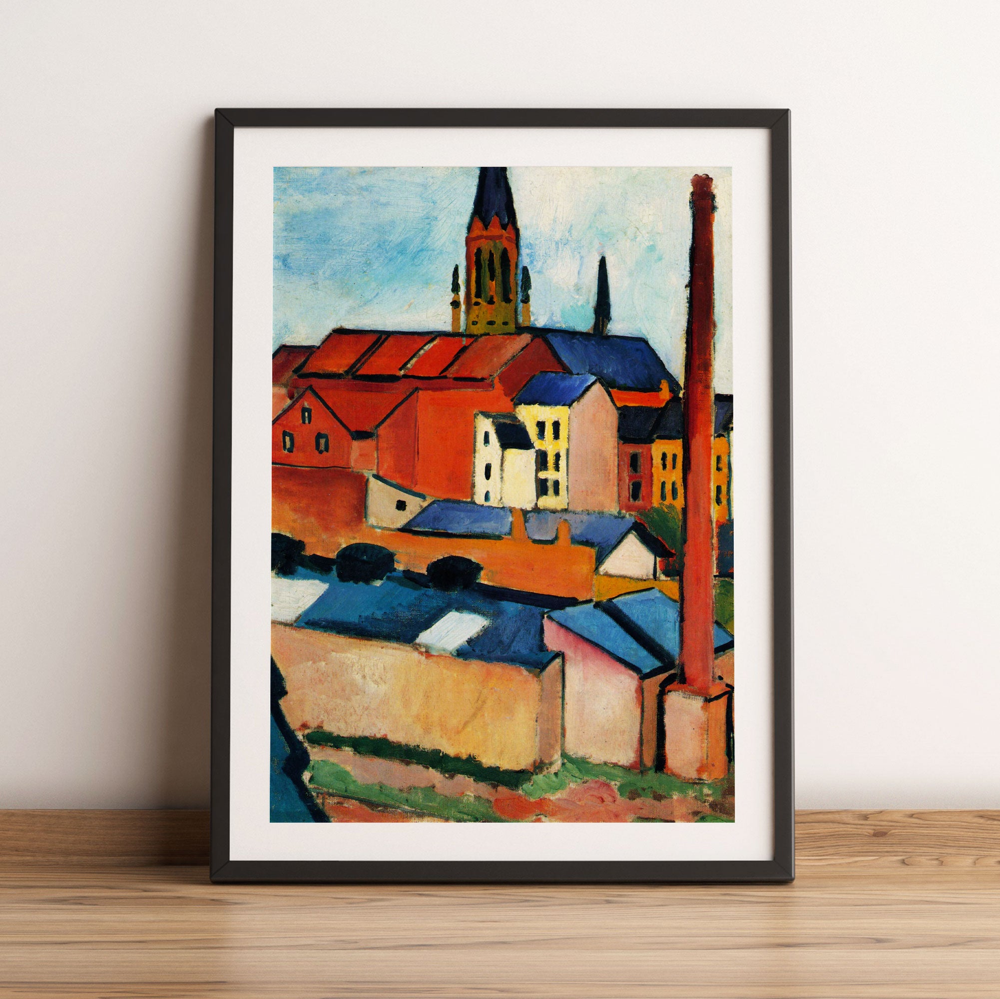 August Macke - Marienkirche mit Häusern und Schornstein, Gerahmtes Bild