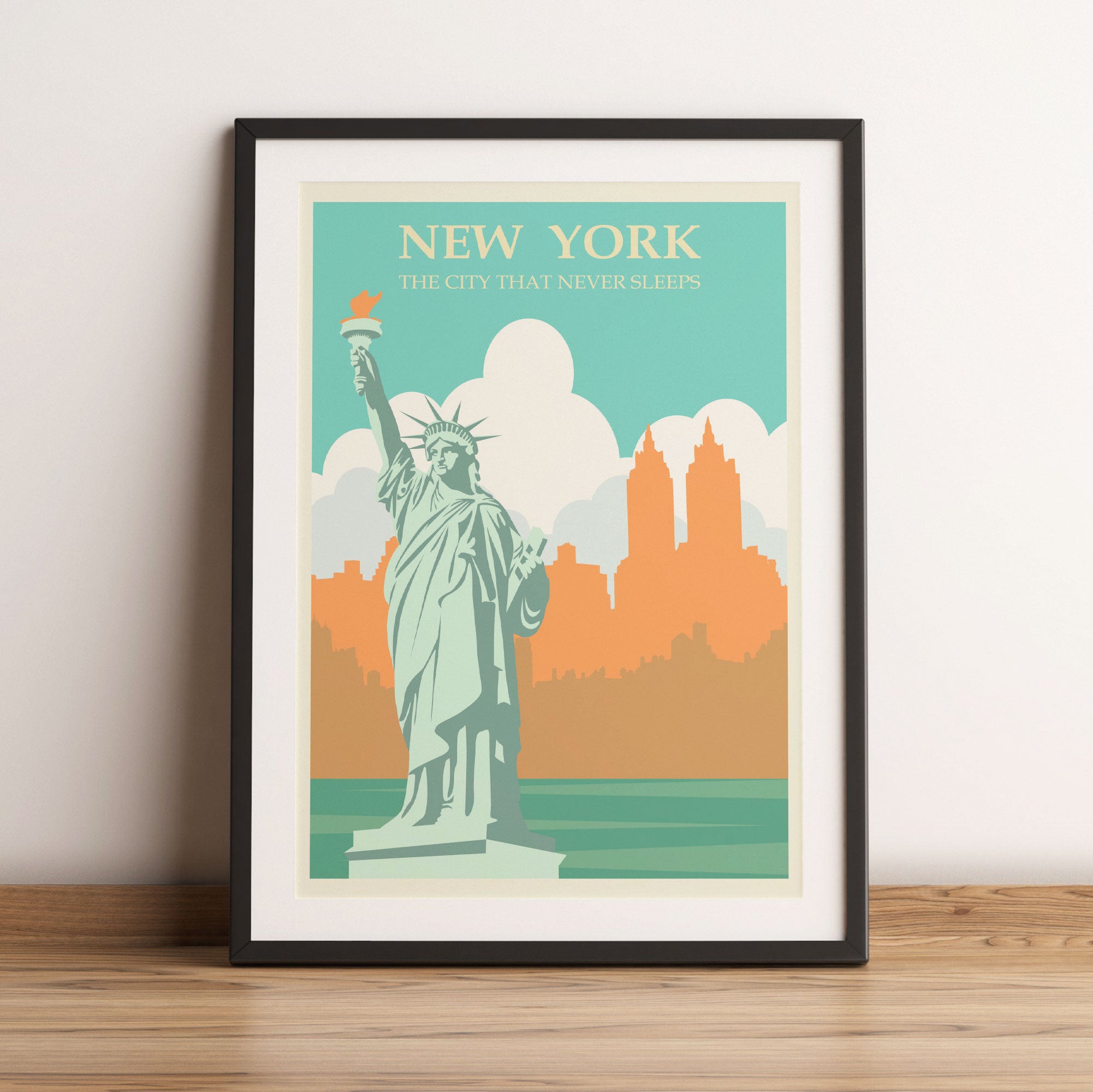 Vintage Poster  - New York Never Sleeps, Gerahmtes Bild