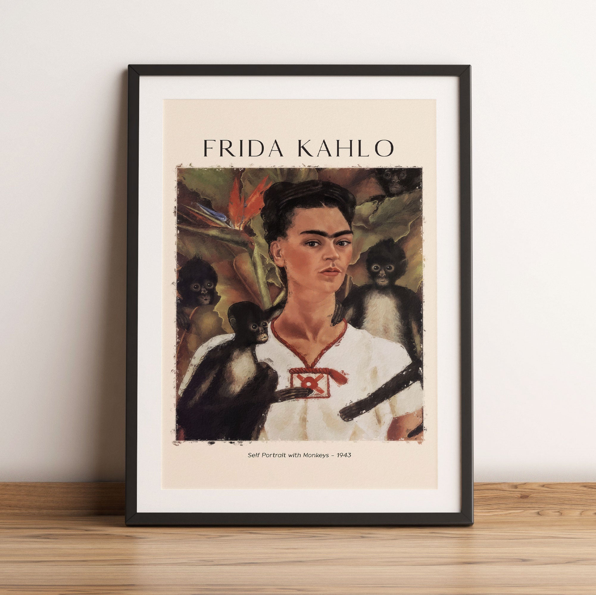 Art Portrait  - Frida Kahlo - Selbstbildnis mit Affen, Gerahmtes Bild