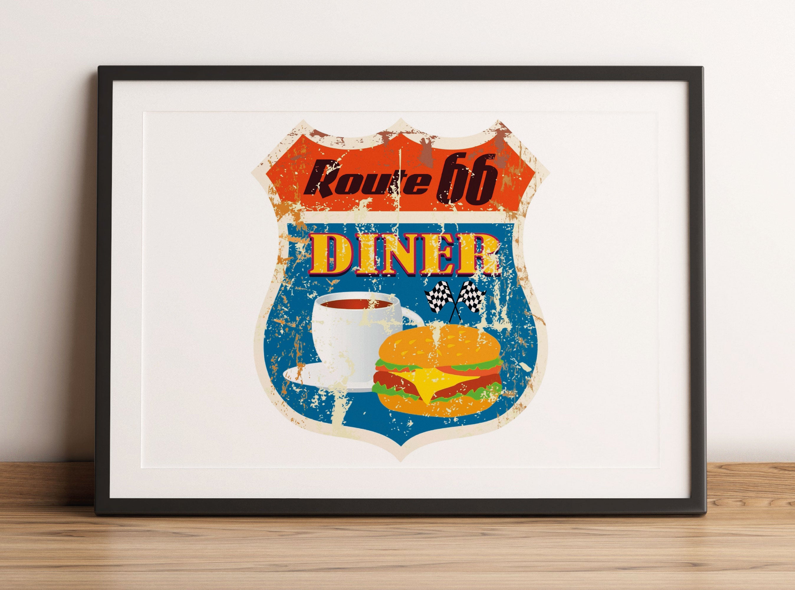 Altes Route 66 Schild Diner, Gerahmtes Bild