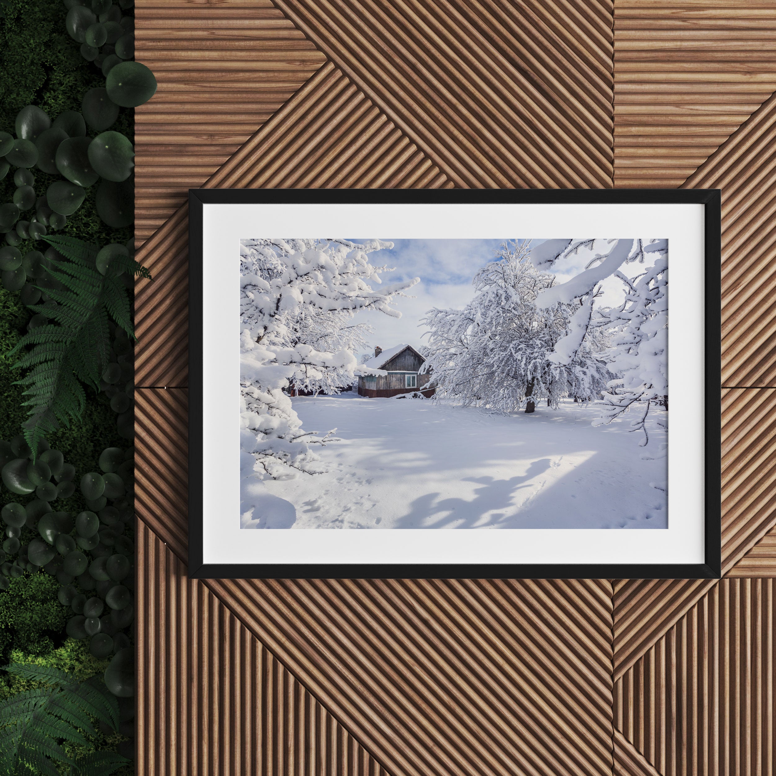 Winterlandschaft mit Hütte, Gerahmtes Bild