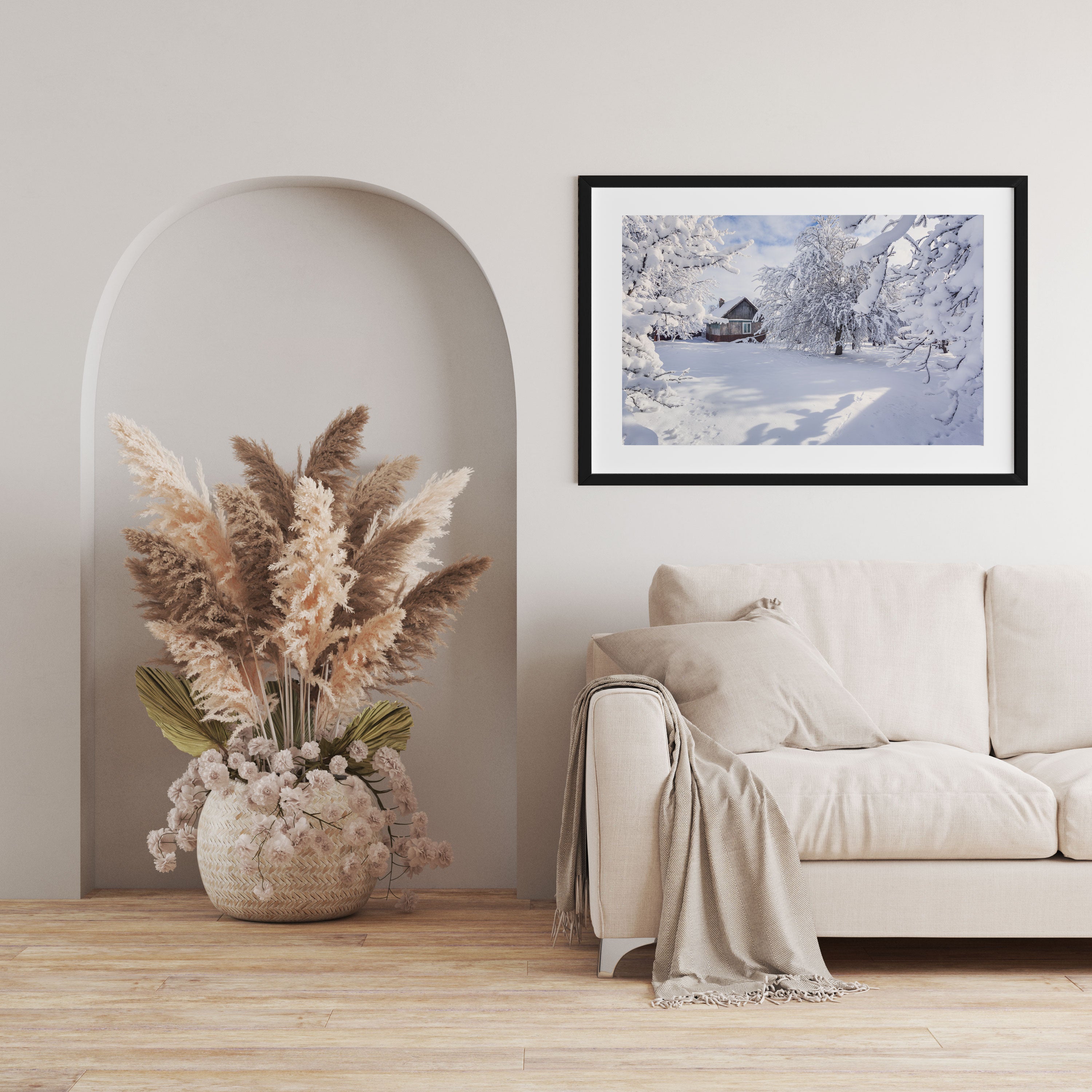 Winterlandschaft mit Hütte, Gerahmtes Bild