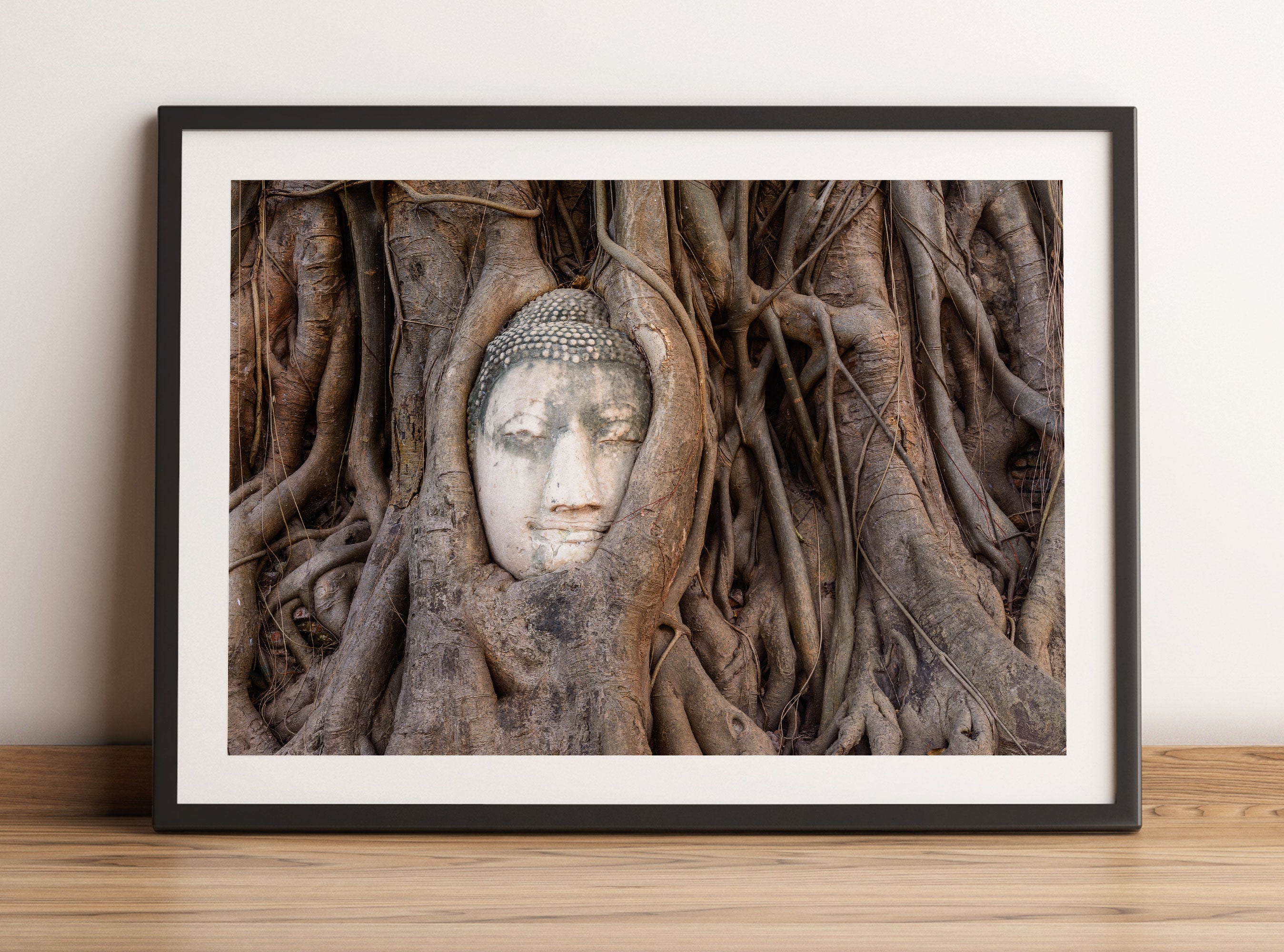 Buddha Kopf im Baum, Gerahmtes Bild