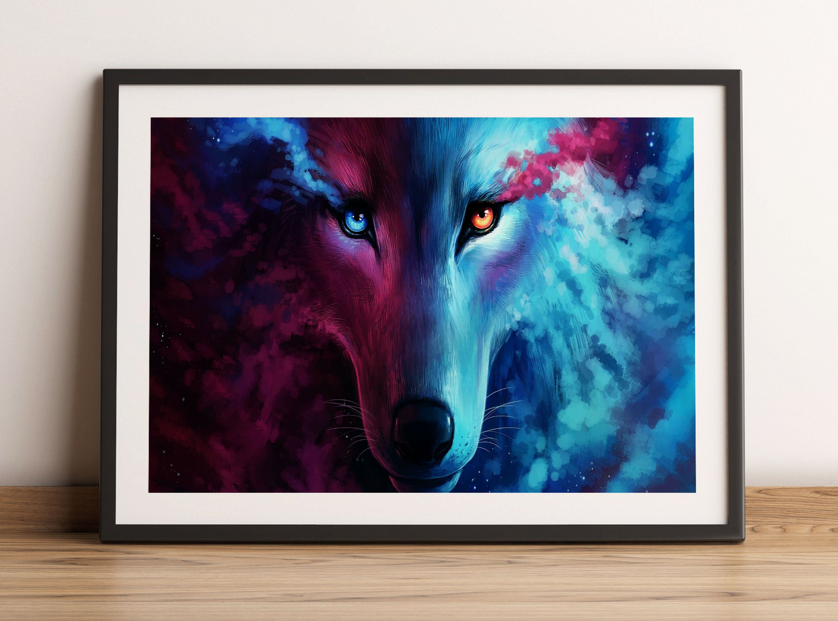 Abstrakter Wolf mit rauchenden Augen, Gerahmtes Bild