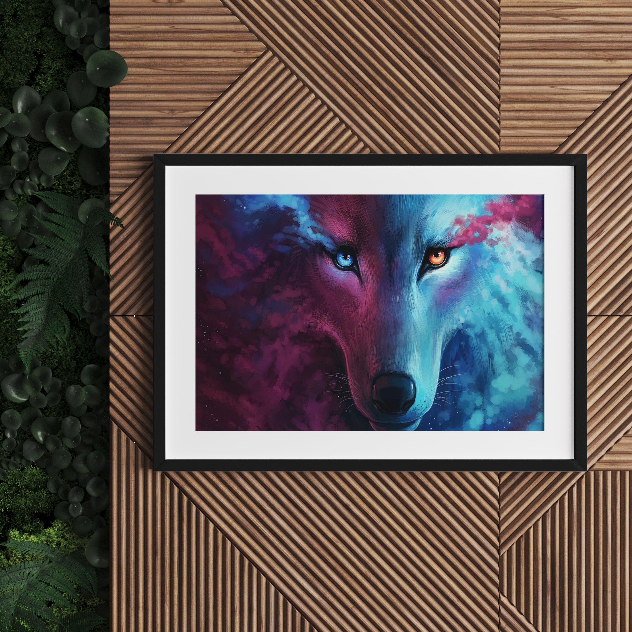 Abstrakter Wolf mit rauchenden Augen, Gerahmtes Bild